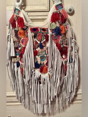 Antik Batik NEW Off White Fringe Shoulder Bag with Tons of Tassles & Color Decor